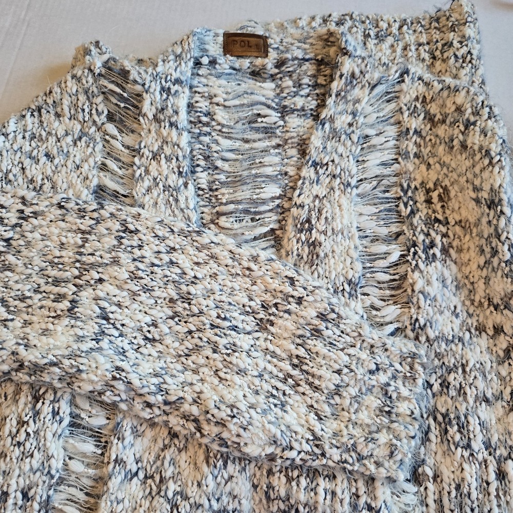 POL Cardigan Sweater Womens Blue Marled Distressed Balloon Sleeve Size L Fits XL